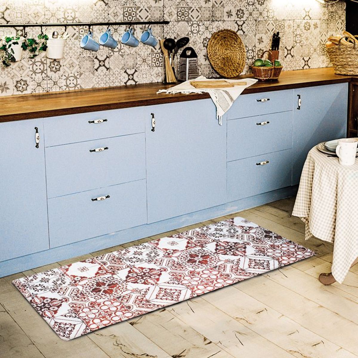 Tapis de cuisine carreaux de ciment AZULEJOS VINYLE - vinyle antidérapant rouge, THE DECO FACTORY