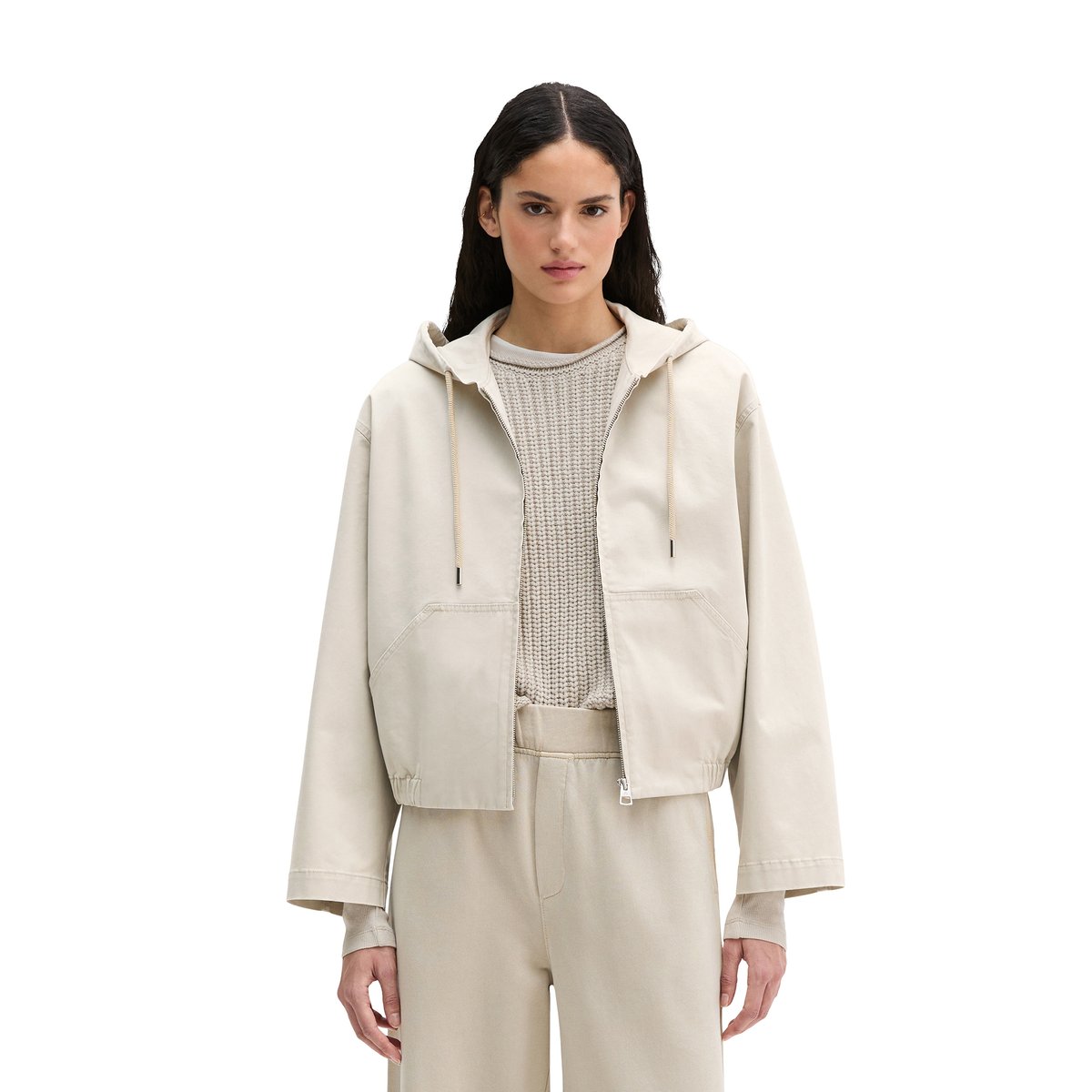Blouson avec capuche loose en sergé de coton brossé gris clair, MARC O'POLO