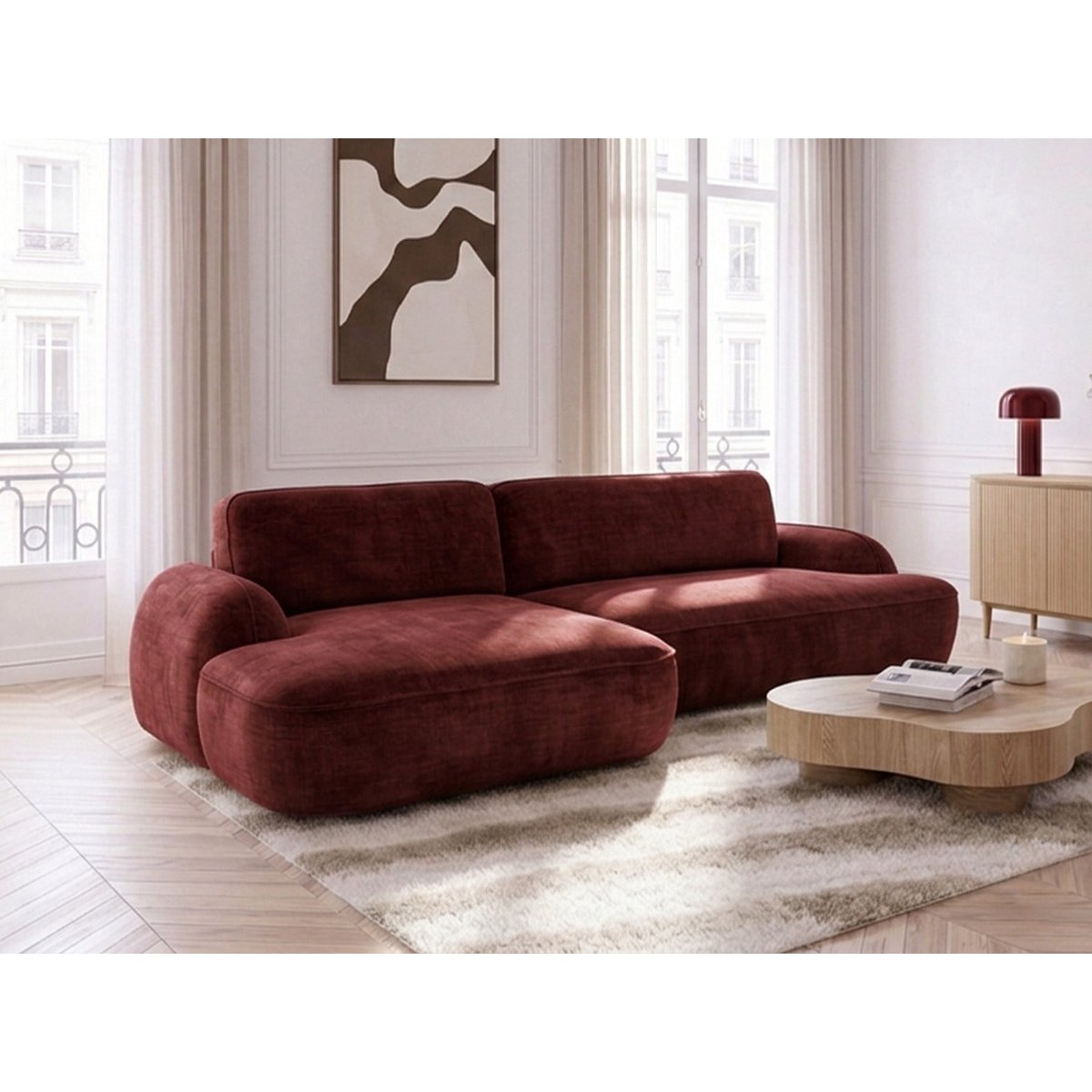 Canapé d'angle convertible 3 places en tissu lisse, CELESTE rouge, BOBOCHIC