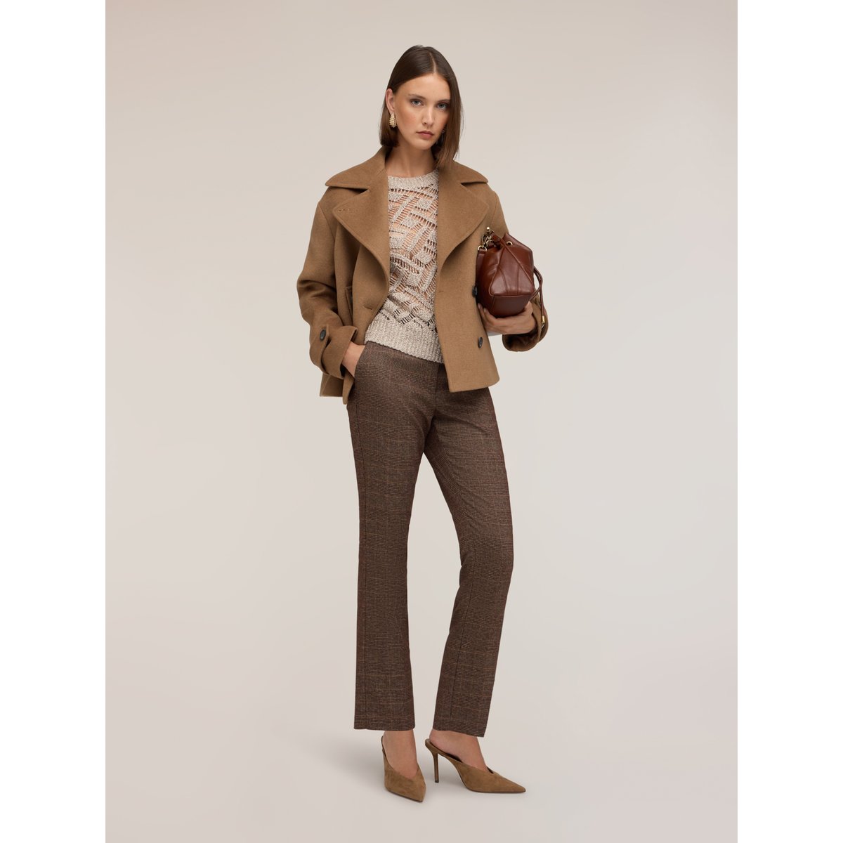 Pantalon cigarette à motif prince de Galles marron, MOTIVI