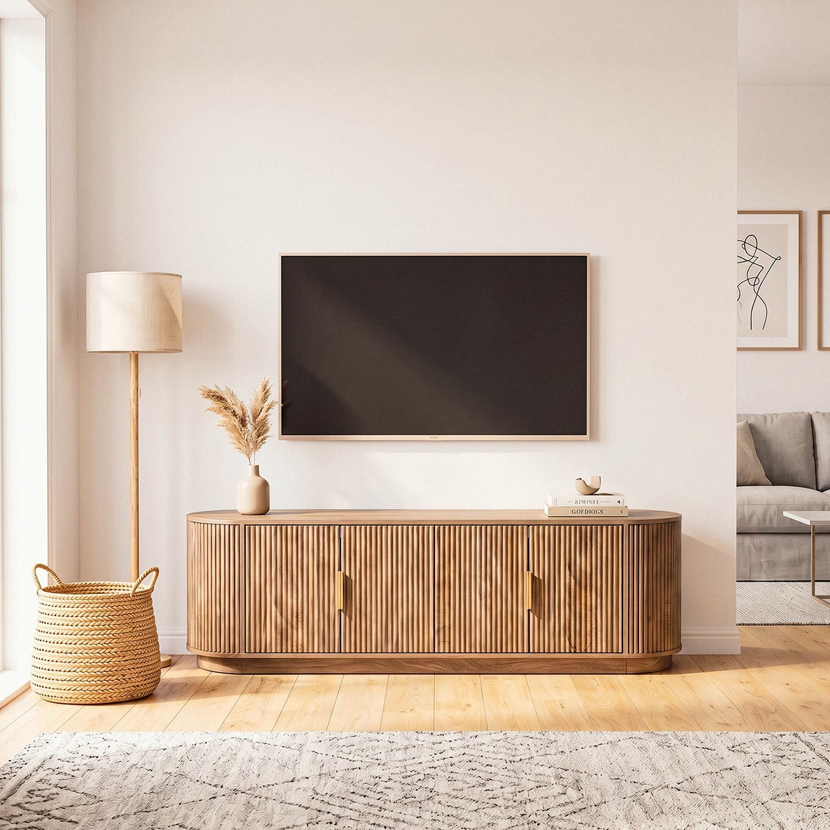 Meuble TV façades arrondies 4 portes ACHILLE bois clair, CALICOSY