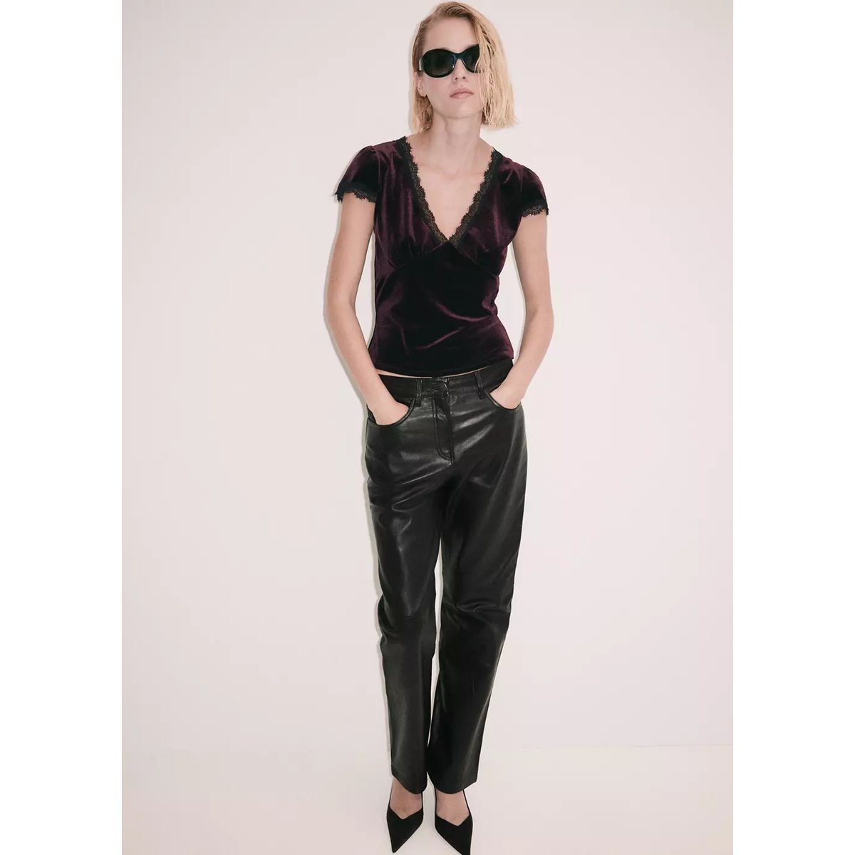 Top velours brodé bordeaux, MANGO