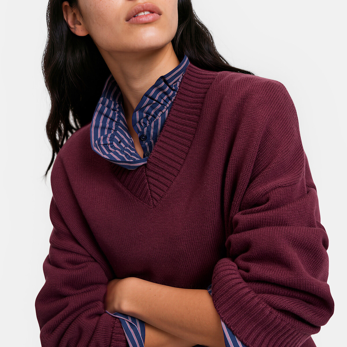 Wool/Cotton Blend V-Neck Jumper burgundy red, LA REDOUTE COLLECTIONS