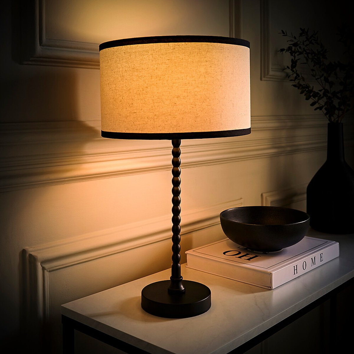 Max Bobble Table Lamp with Natural Linen Black Trim Drum Shade black, SO'HOME