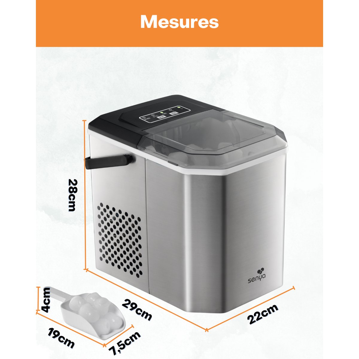 Machine à glaçons électrique portable – Glaçons en 6 min pour apéros et cocktails – 12Kg/24h – Réservoir 1,3 L gris, SENYA