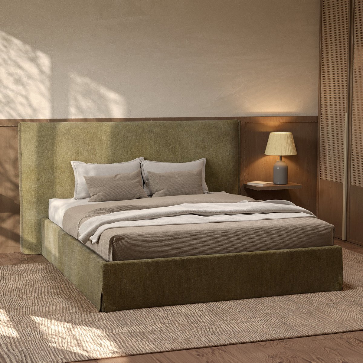 Lit coffre 160x200 cm en tissu déhoussable - SAFIA vert olive, MAISON PAVANE
