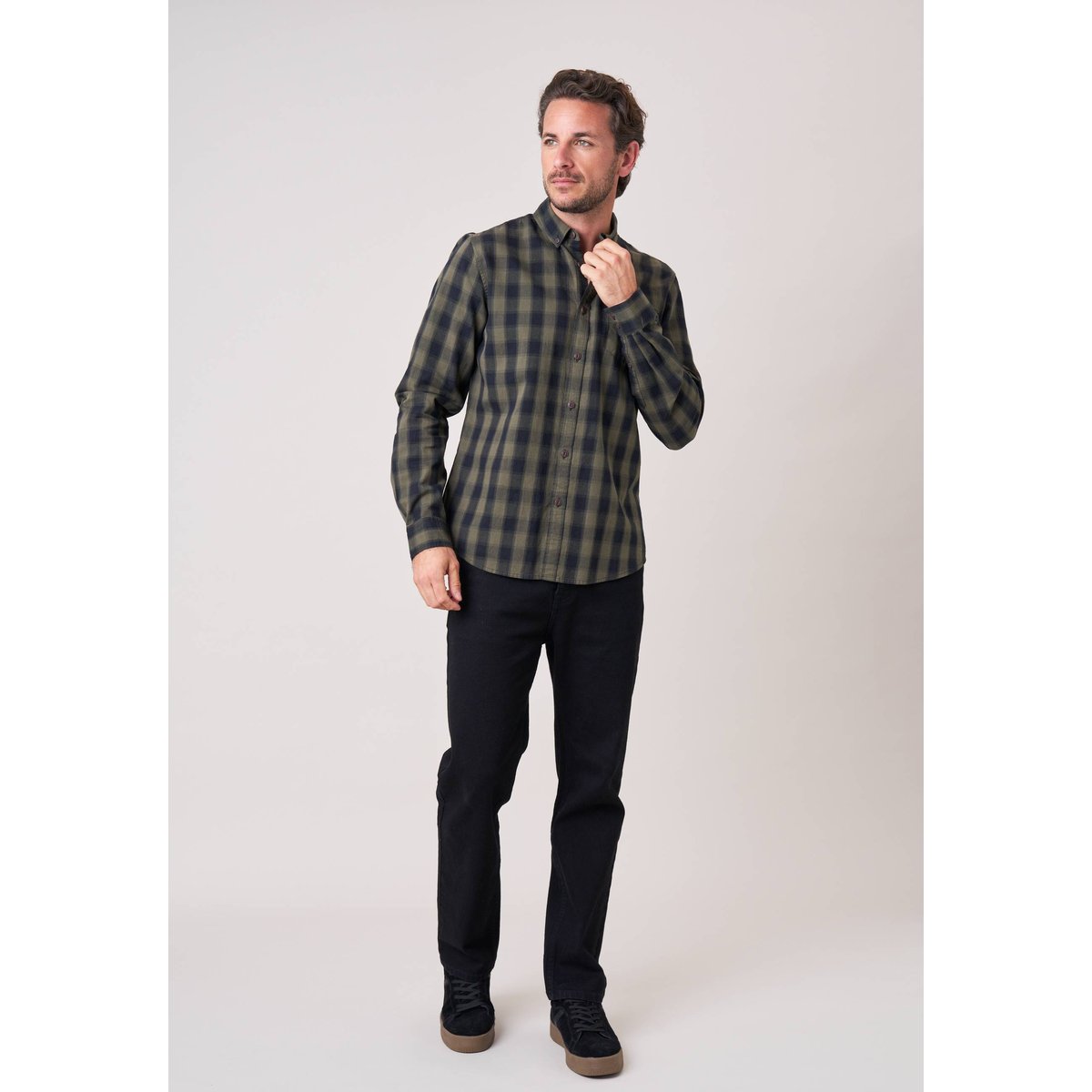 Chemise regular homme à carreaux en flanelle 100% coton PIETER khaki, DEELUXE