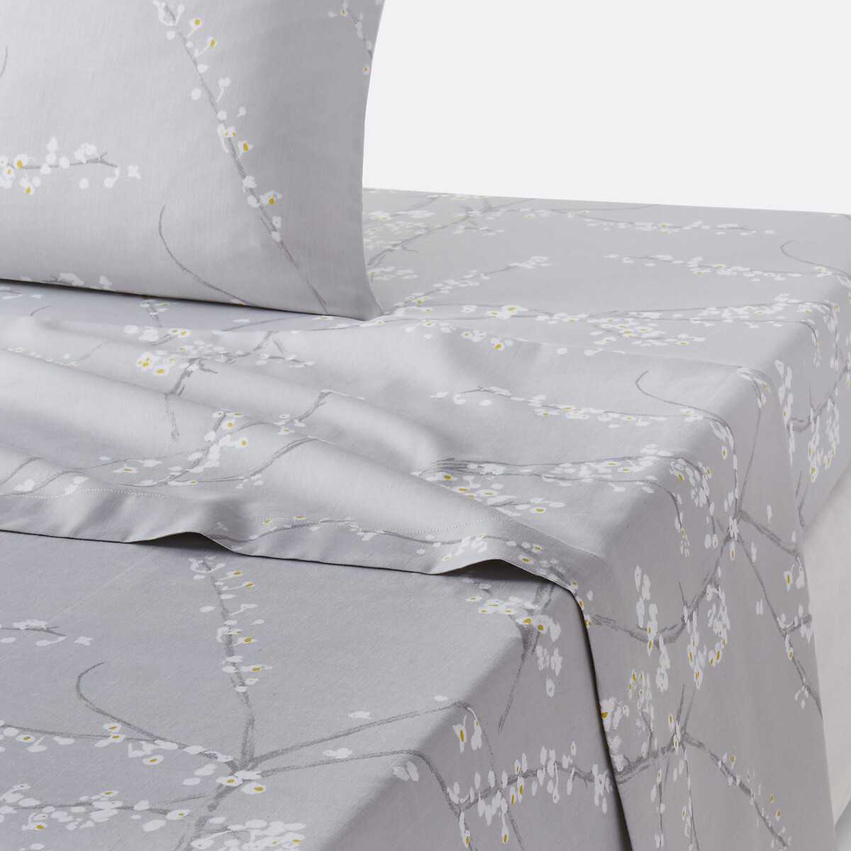 Drap plat satin de coton, Natsumi imprimé gris/blanc, LA REDOUTE INTERIEURS