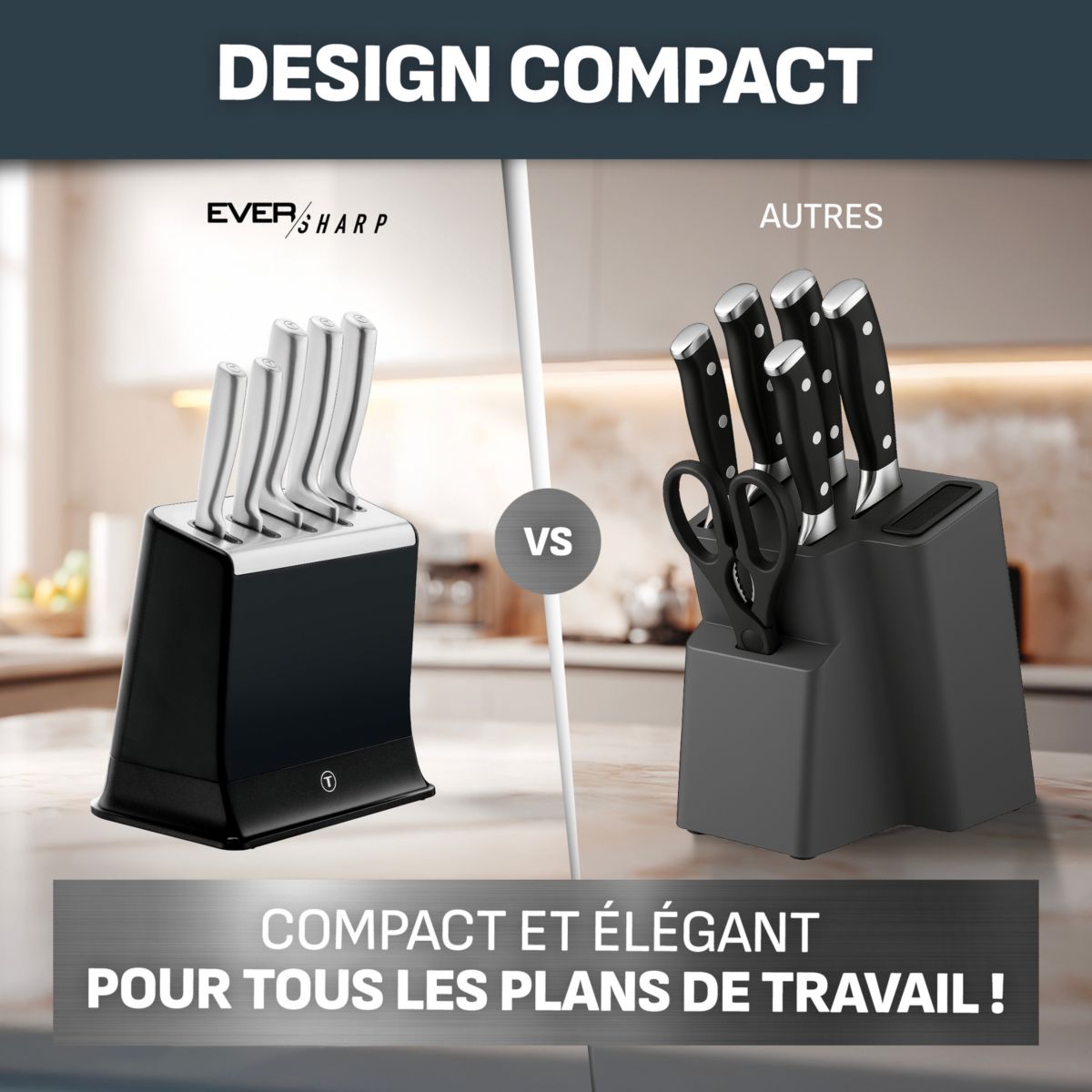 Bloc couteaux Eversharp Pro inox 5pcs + ciseaux couleur unique, TEFAL
