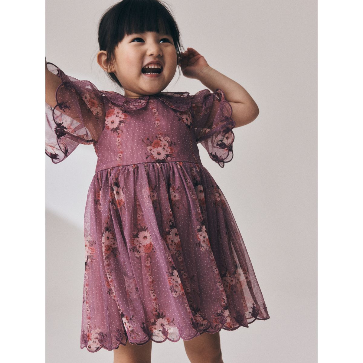 Robe soirée manches courtes col dentelle violet à fleurs, NEXT