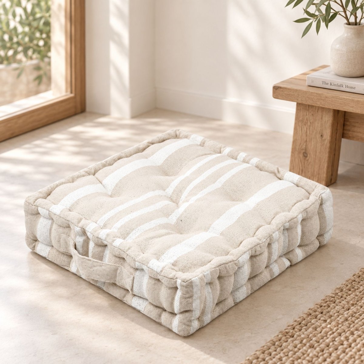 Coussin de sol 100% coton épais et moelleux à rayures crème, LOVELY CASA