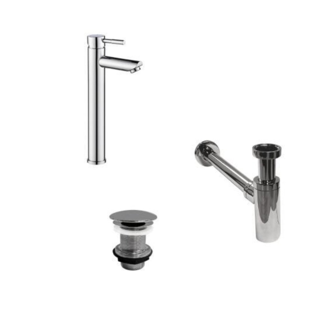 Robinet bec haut TAP + bonde LIV + siphon SIMON chromé, MOB IN