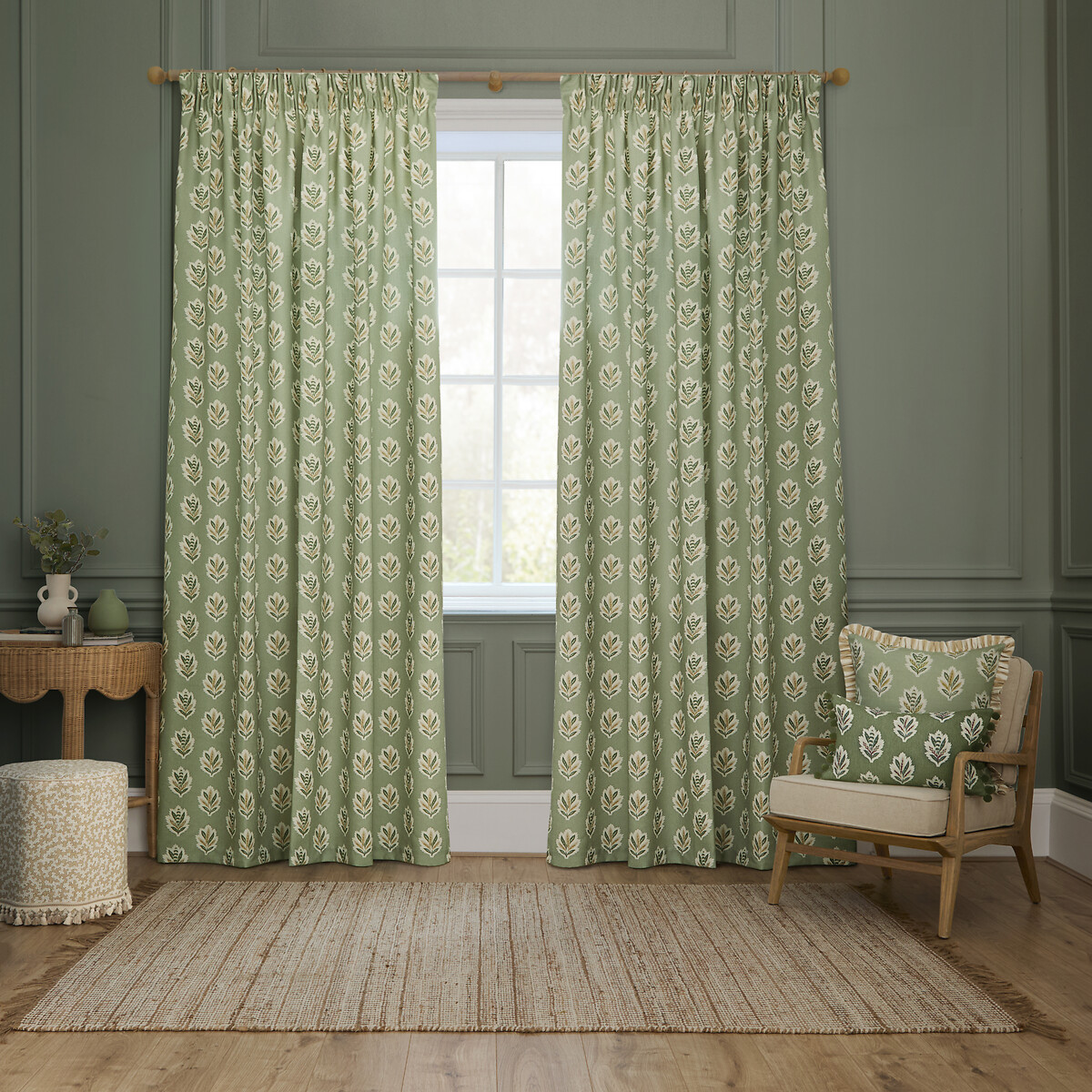 Sessile Leaf Printed Pencil Pleat Curtains sage, SANDERSON