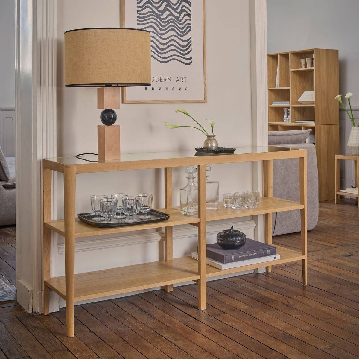 Lampe à poser en bois et abat jour jute - ROMY marron, CAMIF