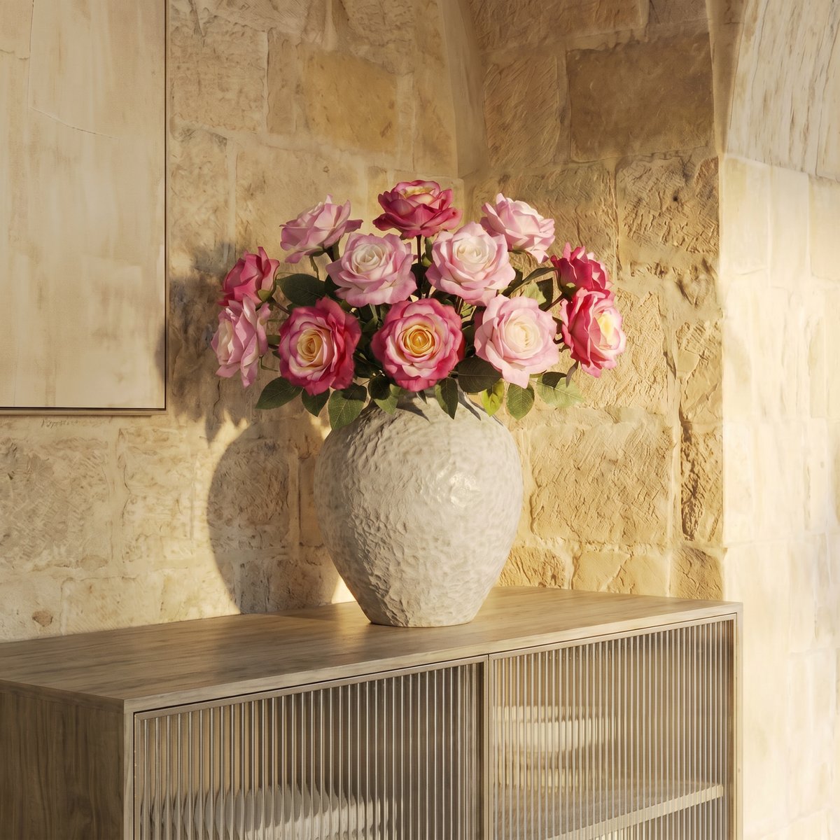 Bouquet de 12 tiges de roses artificiel H64 rose, SIA
