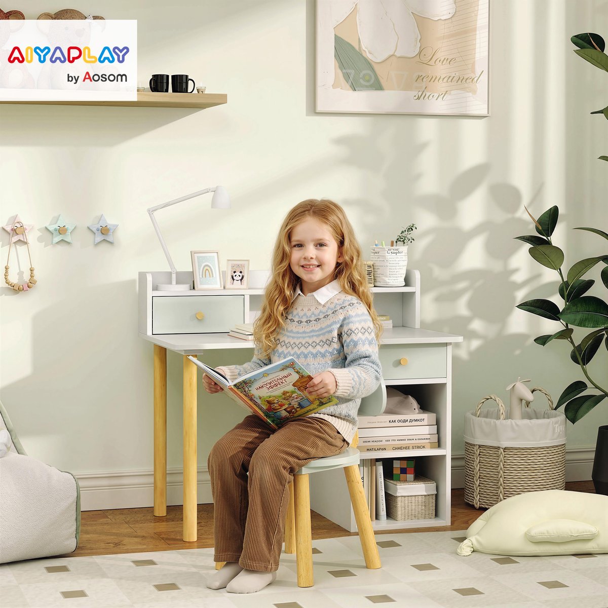 Bureau d'étude pour enfants avec chaise MDF vert clair, blanc, AIYAPLAY
