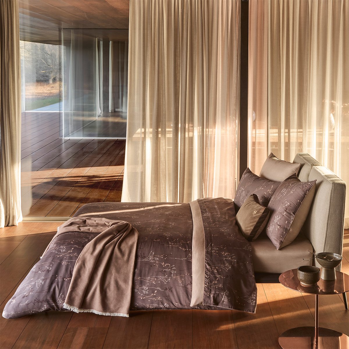 Drap plat en satin de coton marron, WILD MILLET a motif, BOSS HOME