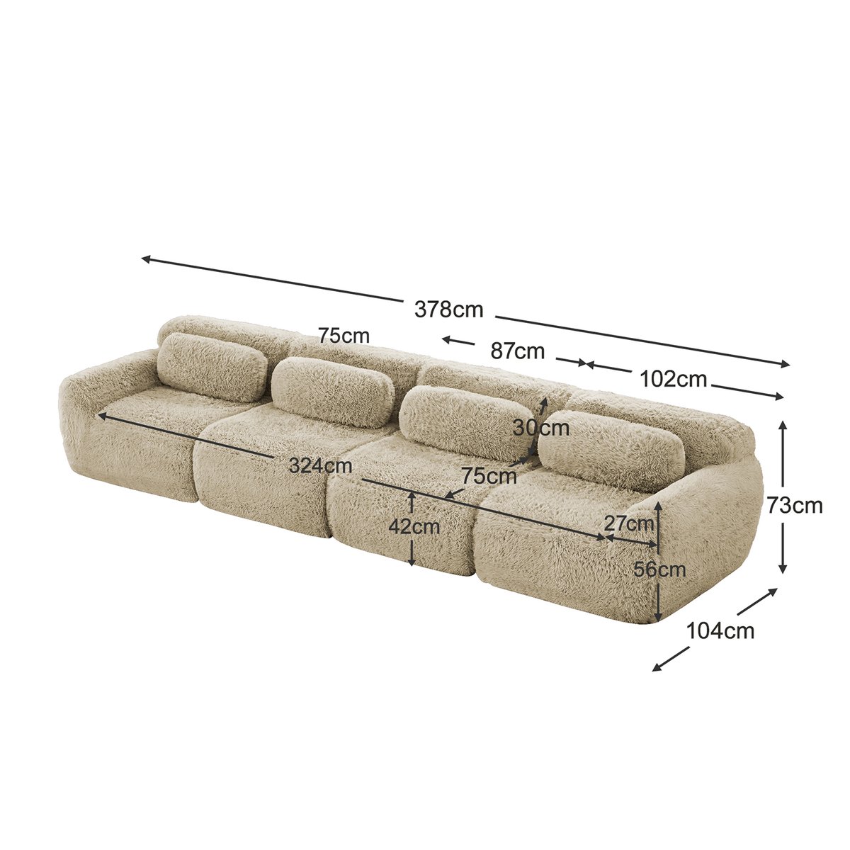 Canapé droit 4 places design moderne, WIND kaki, MEUBLES COSY