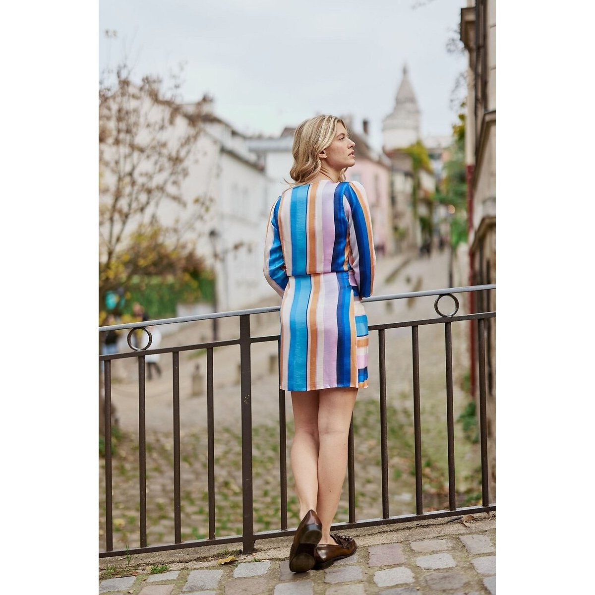 Rosalia Striped Wrapover Dress with 3/4 Length Sleeves multi-coloured stripes , LA PETITE ETOILE