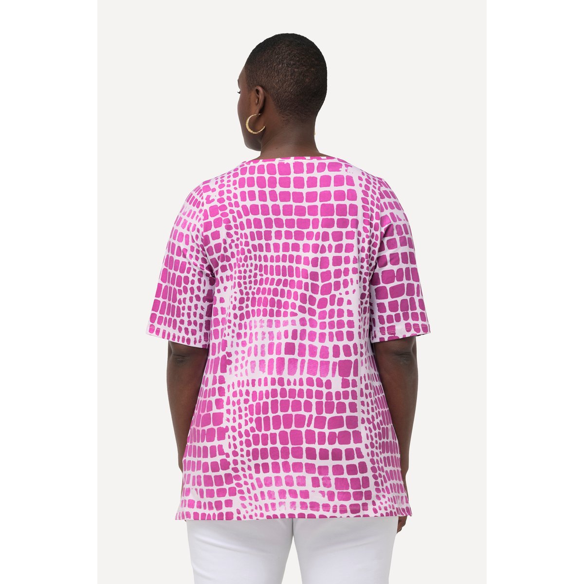 T-shirt en coton Pima à col rond et manches magenta, ULLA POPKEN