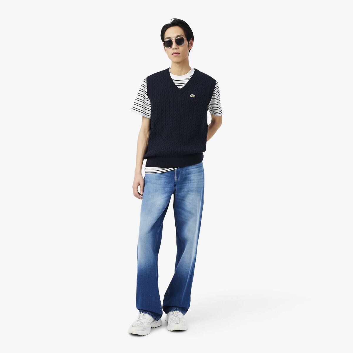 Gestreept katoenen T-shirt classic fit zwart, LACOSTE