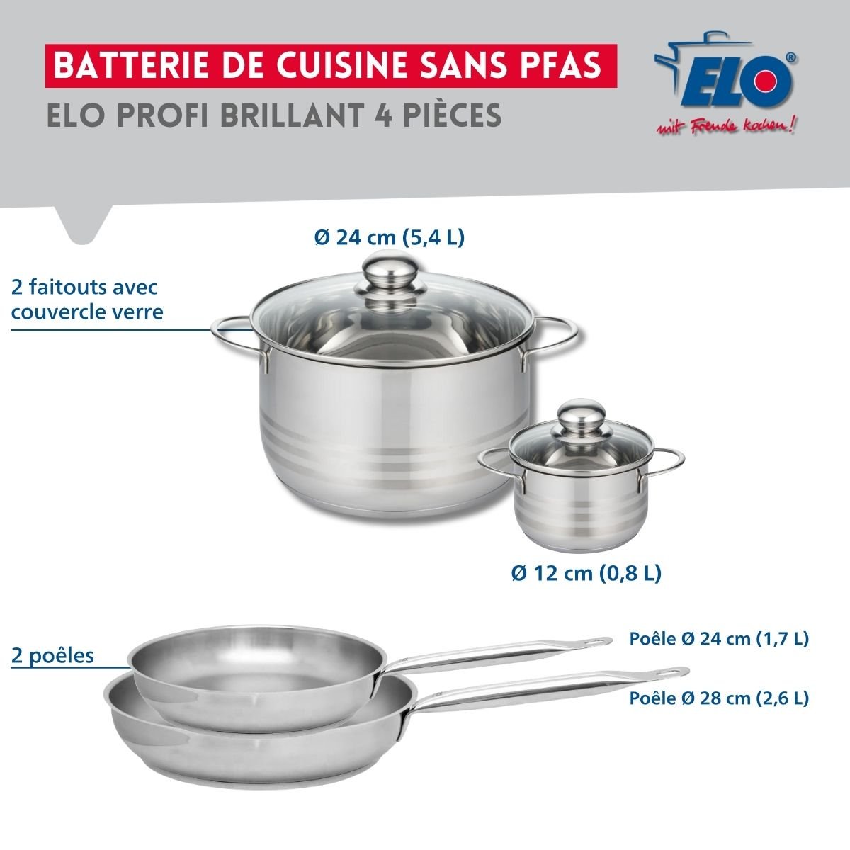 Batterie 2 poêles 24/28cm + 2 faitouts 12/24cm PROFI BRILLANT gris, ELO