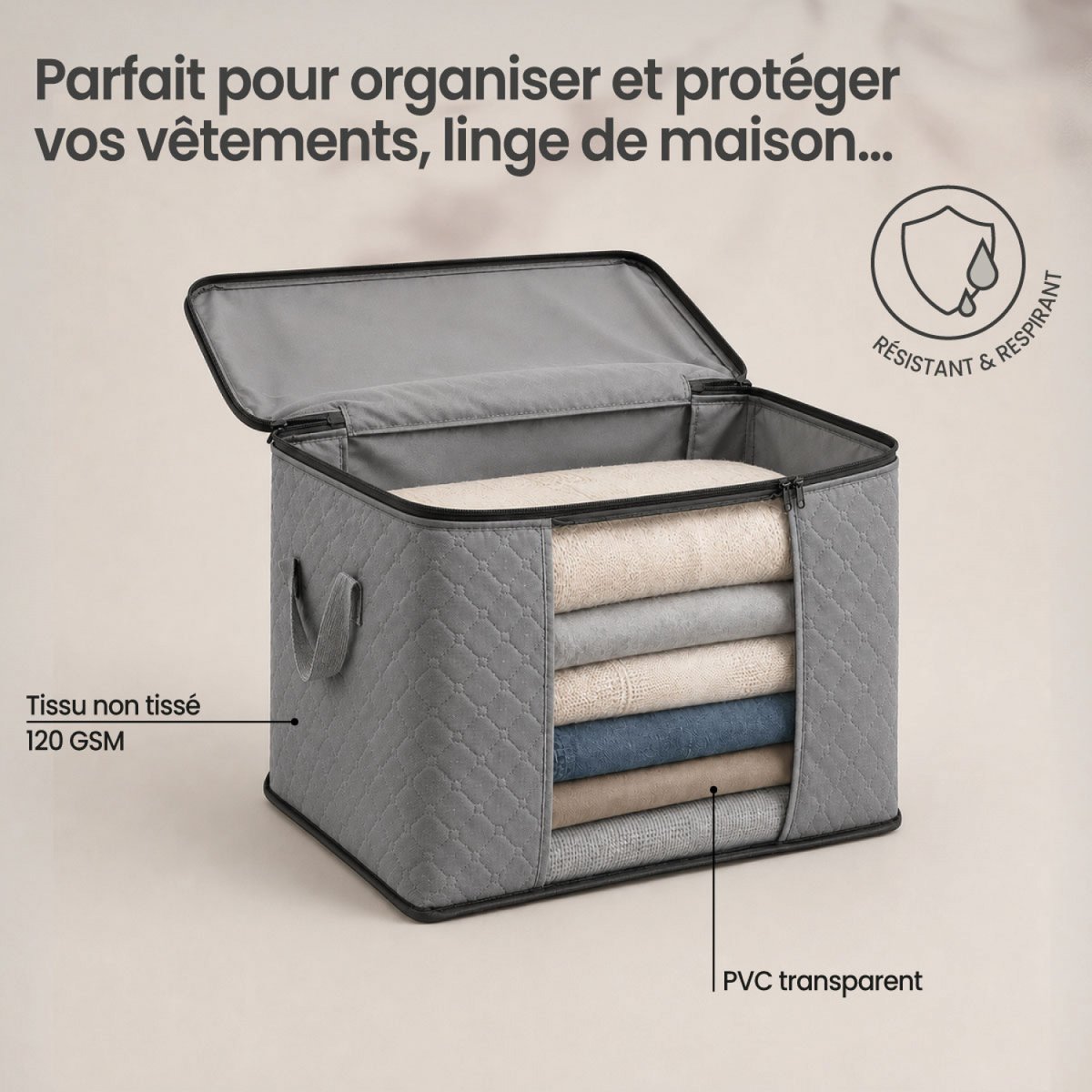 Lot de 6 sacs de rangement pliable pour vêtements, linge de maison avec poignées gris, VIVEZEN