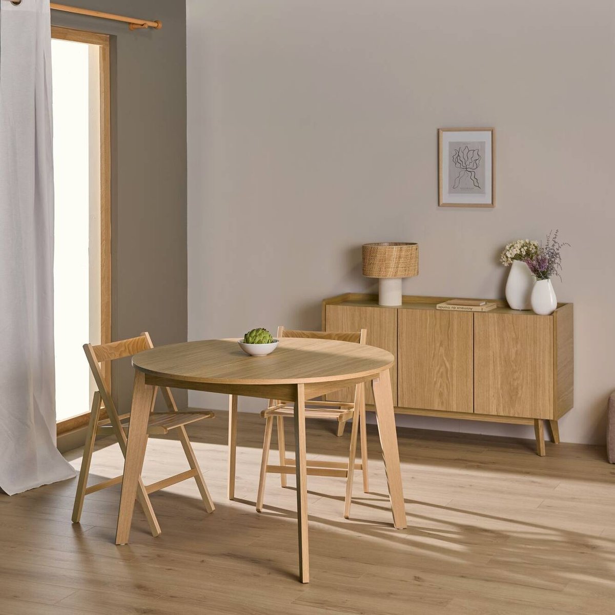 Table à manger ronde extensible bois 4 à 6 personnes Agatha bois clair, CAMIF