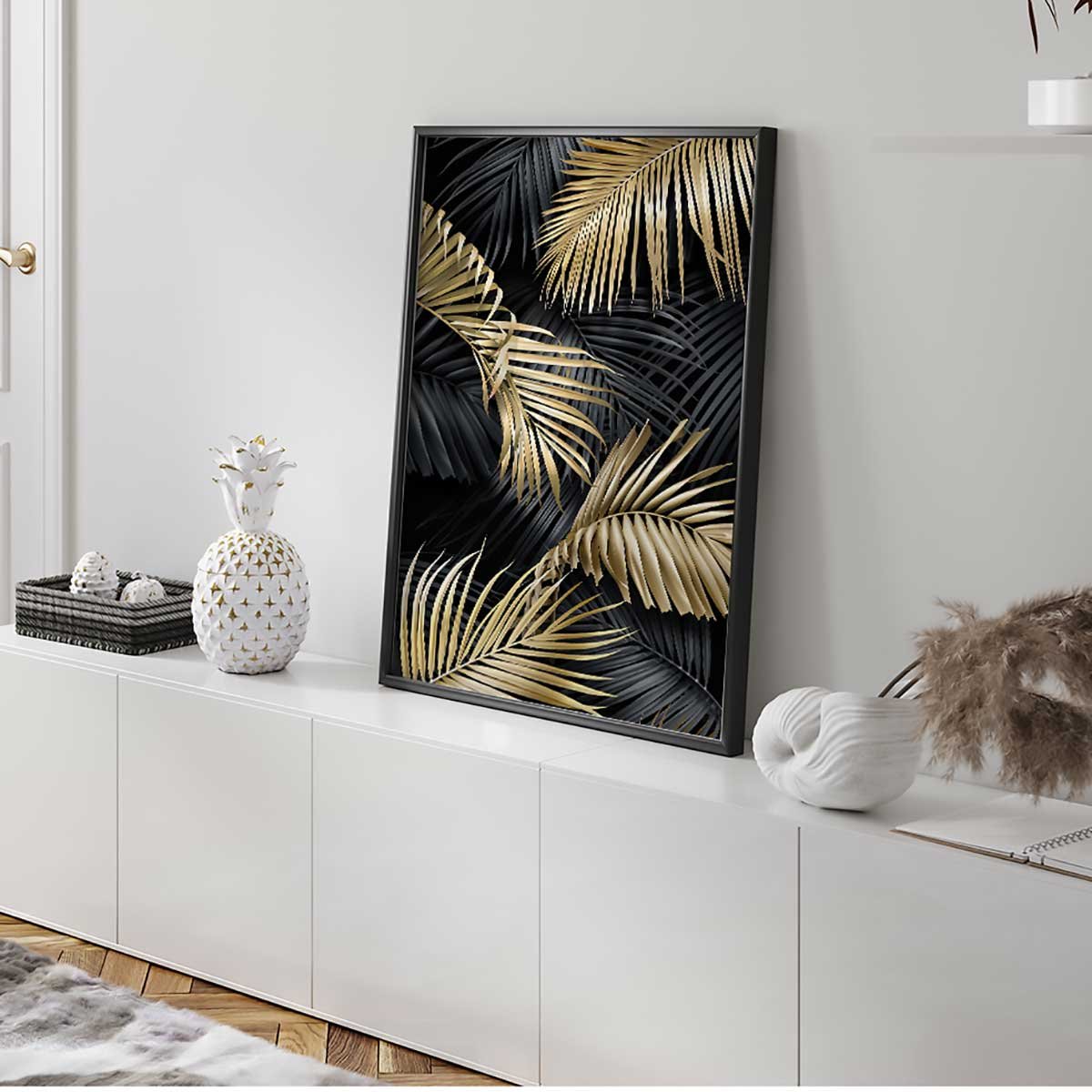 Affiche encadrée feuilles tropicales dorées fond noir affiche + cadre en métal - noir, HEXOA