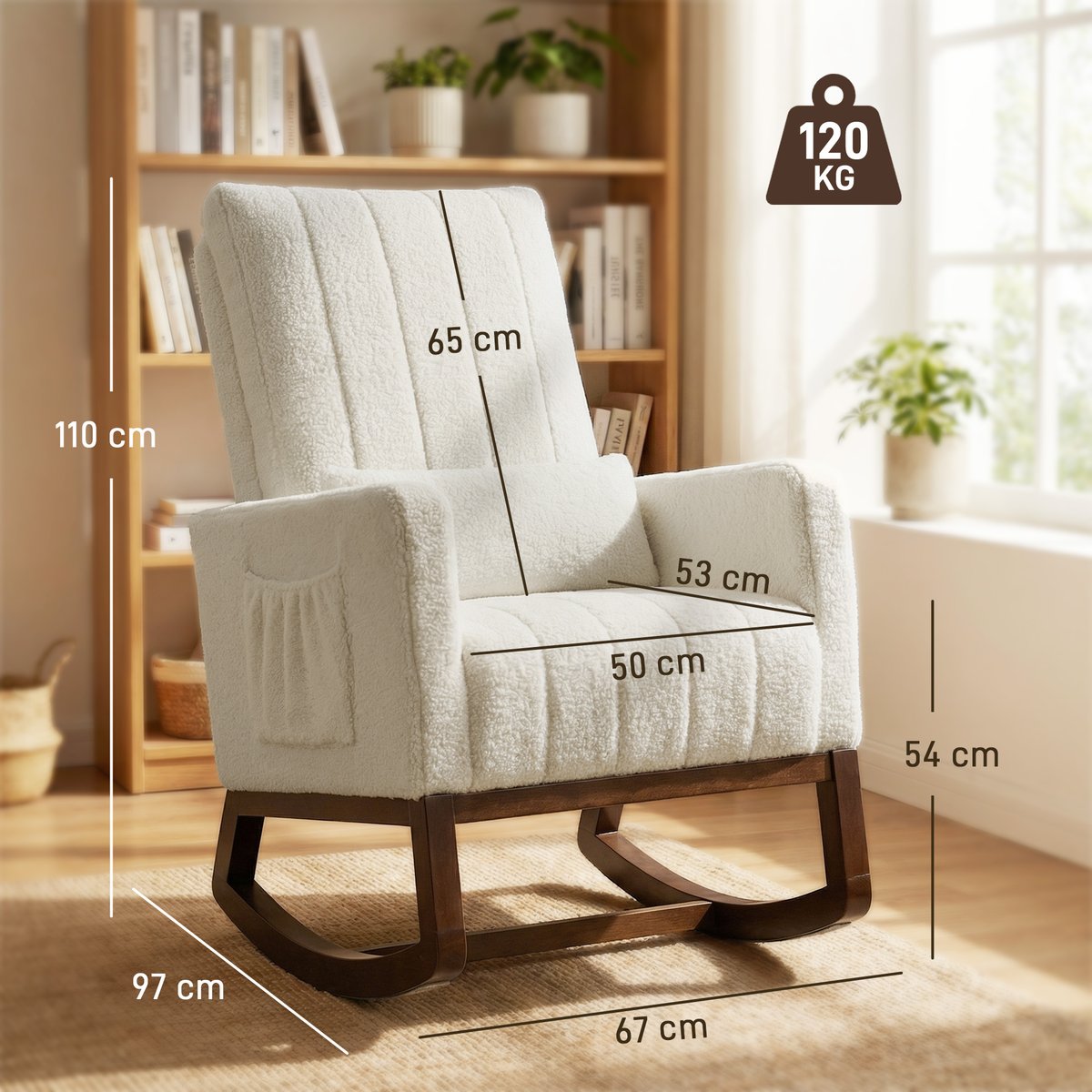 Fauteuil à bascule Flanelle Neige (100% crème, noyer, HOMCOM