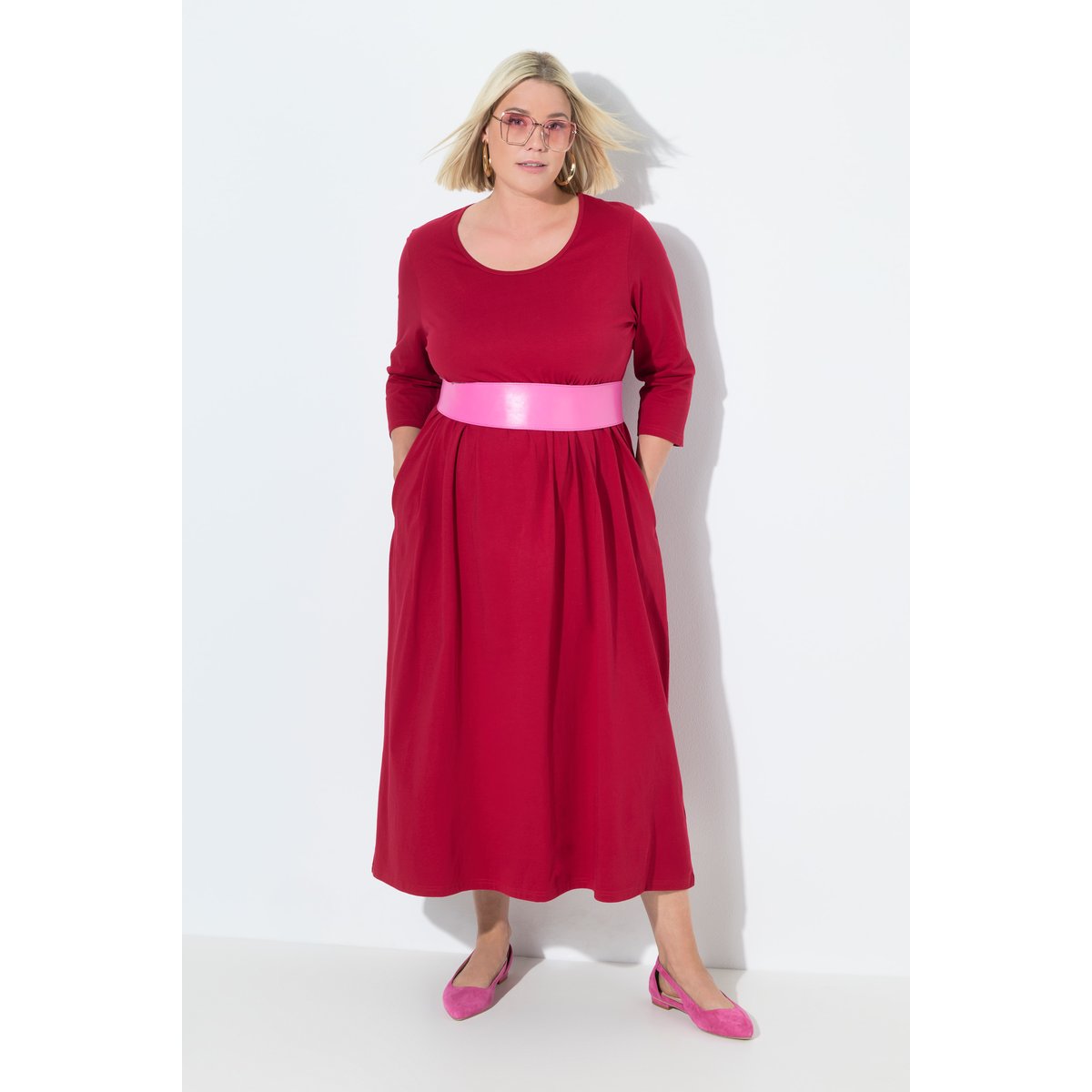 Robe maxi en jersey, coupe évasée, poches rouge rubis, ULLA POPKEN