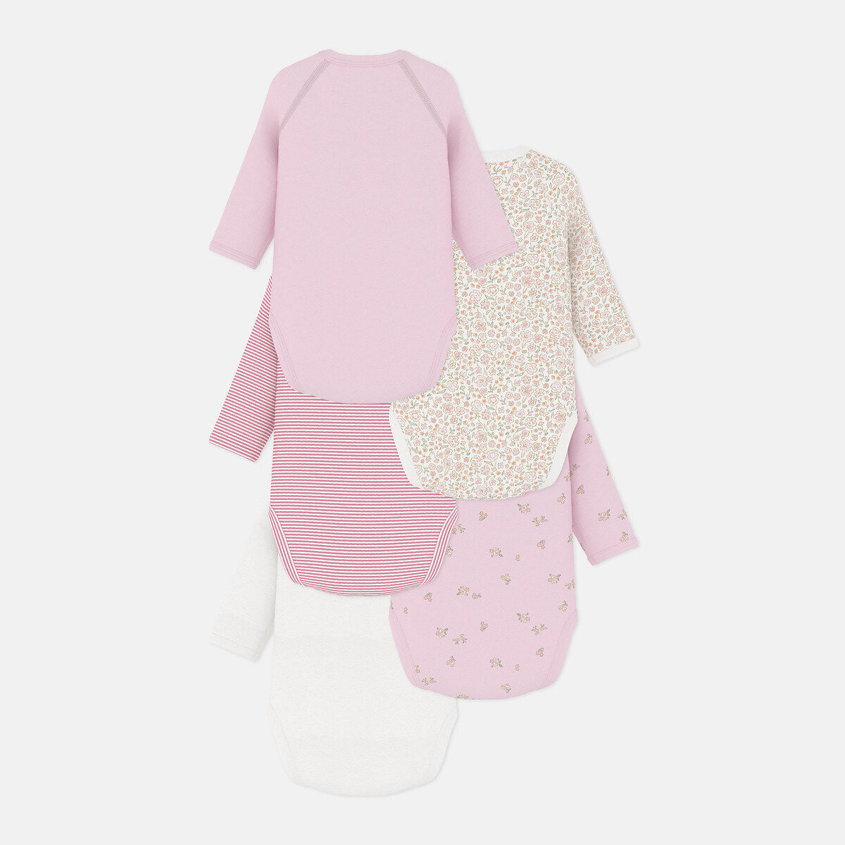 Confezione da 5 body nascita a maniche lunghe rosa + bianco, PETIT BATEAU