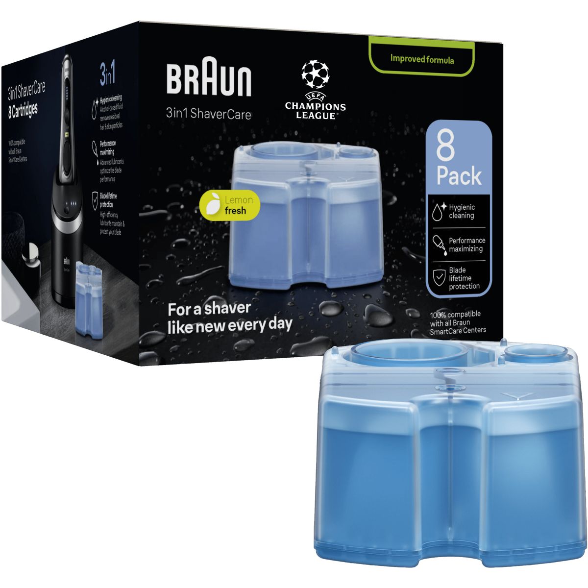 Cartouche nettoyante nettoyante ShaverCare 3-en-1 pour rasoir x8 cartouches couleur unique, BRAUN