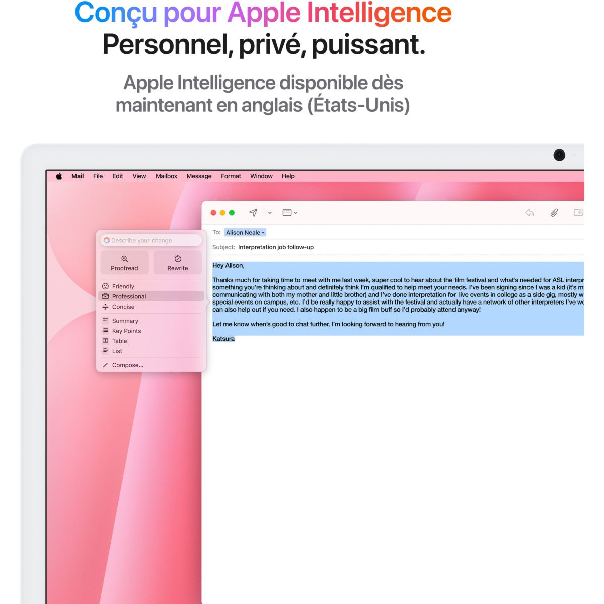 Ordinateur Apple 24" Ecran Retina 4,5K Puce M4 CPU 8 / GPU 8 coeurs Mémoire RAM 16Go Stockage 256Go SSD Rose couleur unique, APPLE
