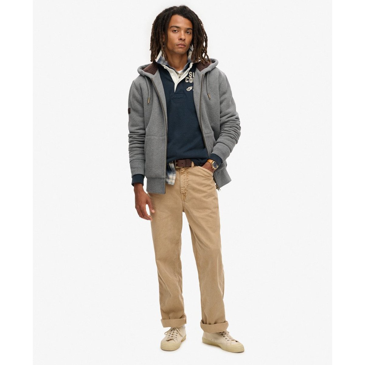 Sweat à capuche zippé et doublé en peau lainée gris anthracite chiné, SUPERDRY