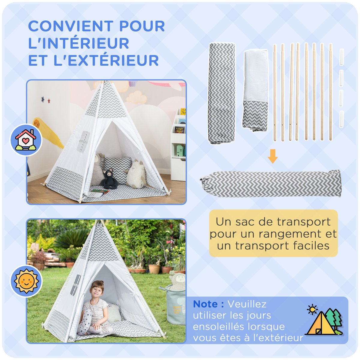 Tente pour enfants Toile polyester coton gris, HOMCOM