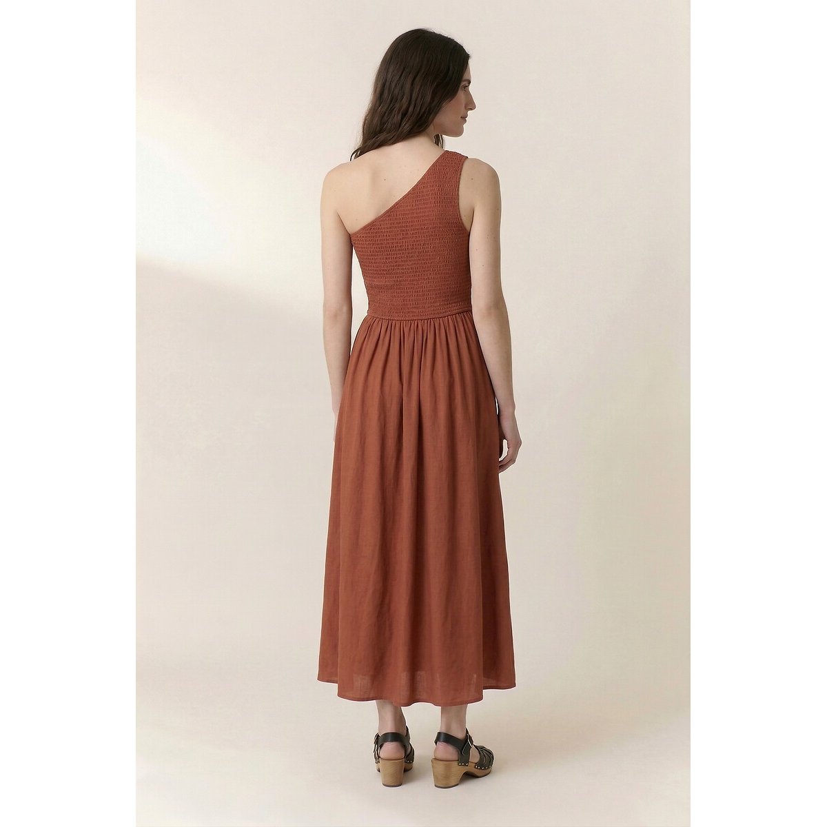 Rahul Asymmetric Midi Dress with Smocked Detail terracotta, LEON & HARPER