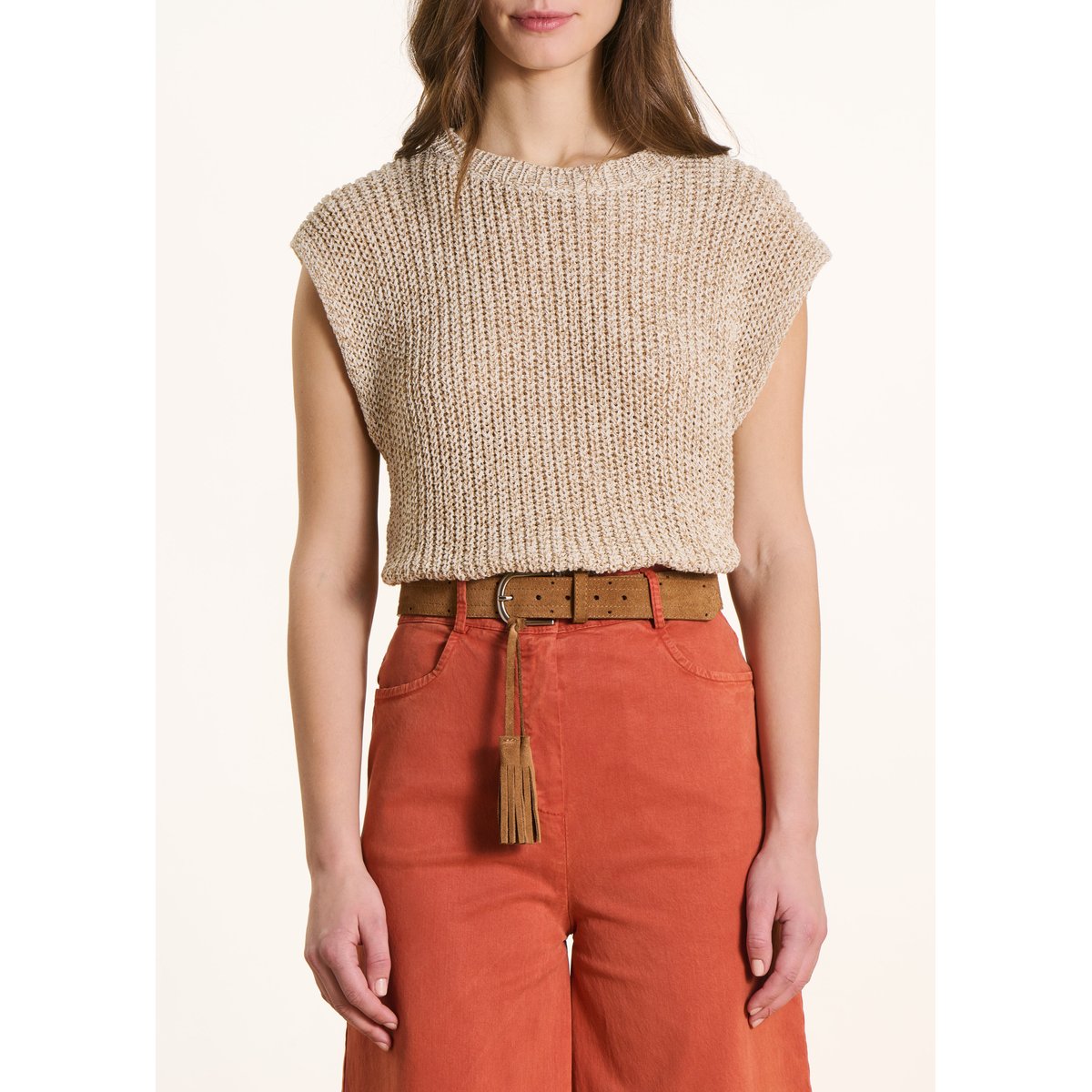 Ceinture en cuir avec pompons camel, LA FEE MARABOUTEE