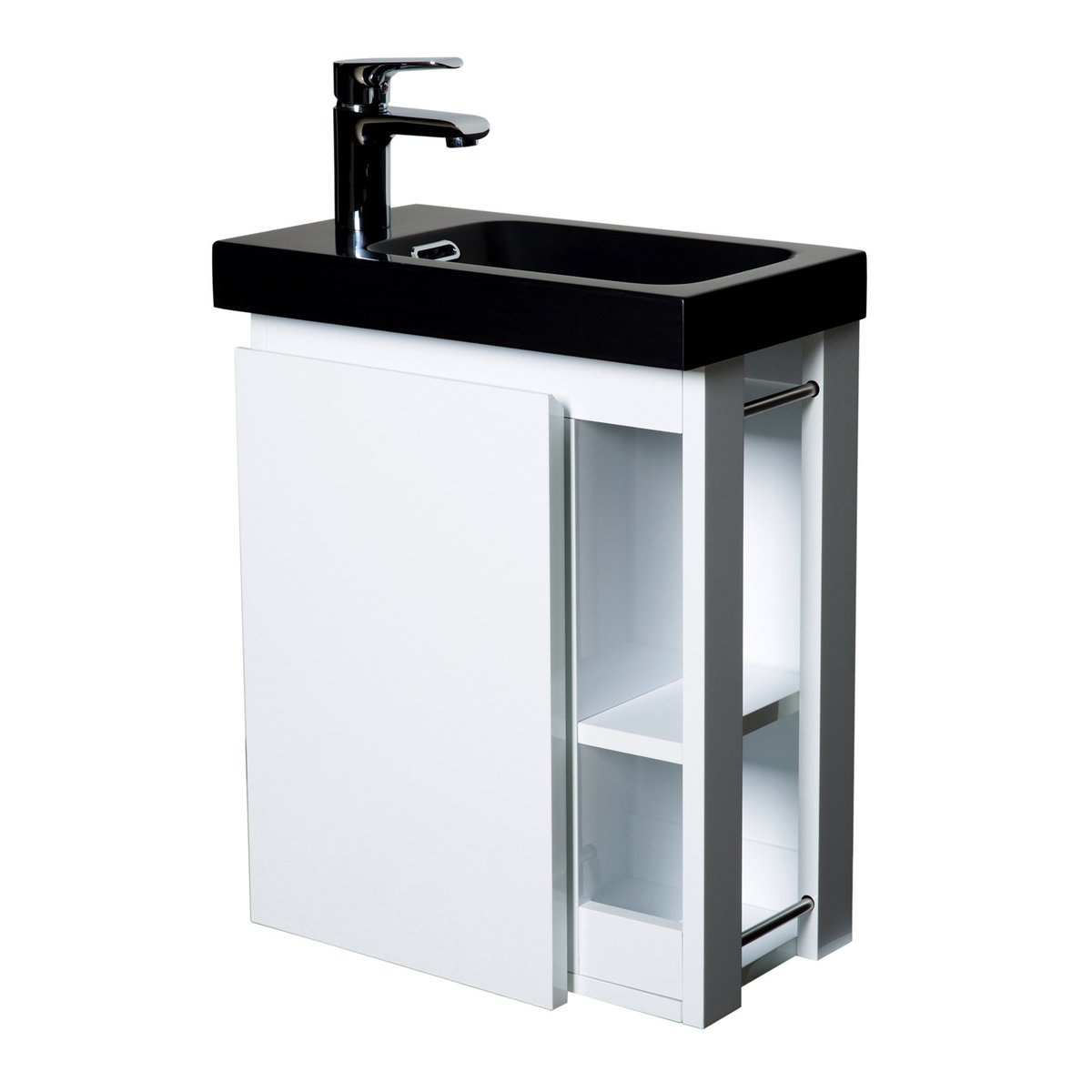 Ensemble lave-mains avec rangement latéral et miroir tablette noire HAMPTON blanc brillant, MOB IN