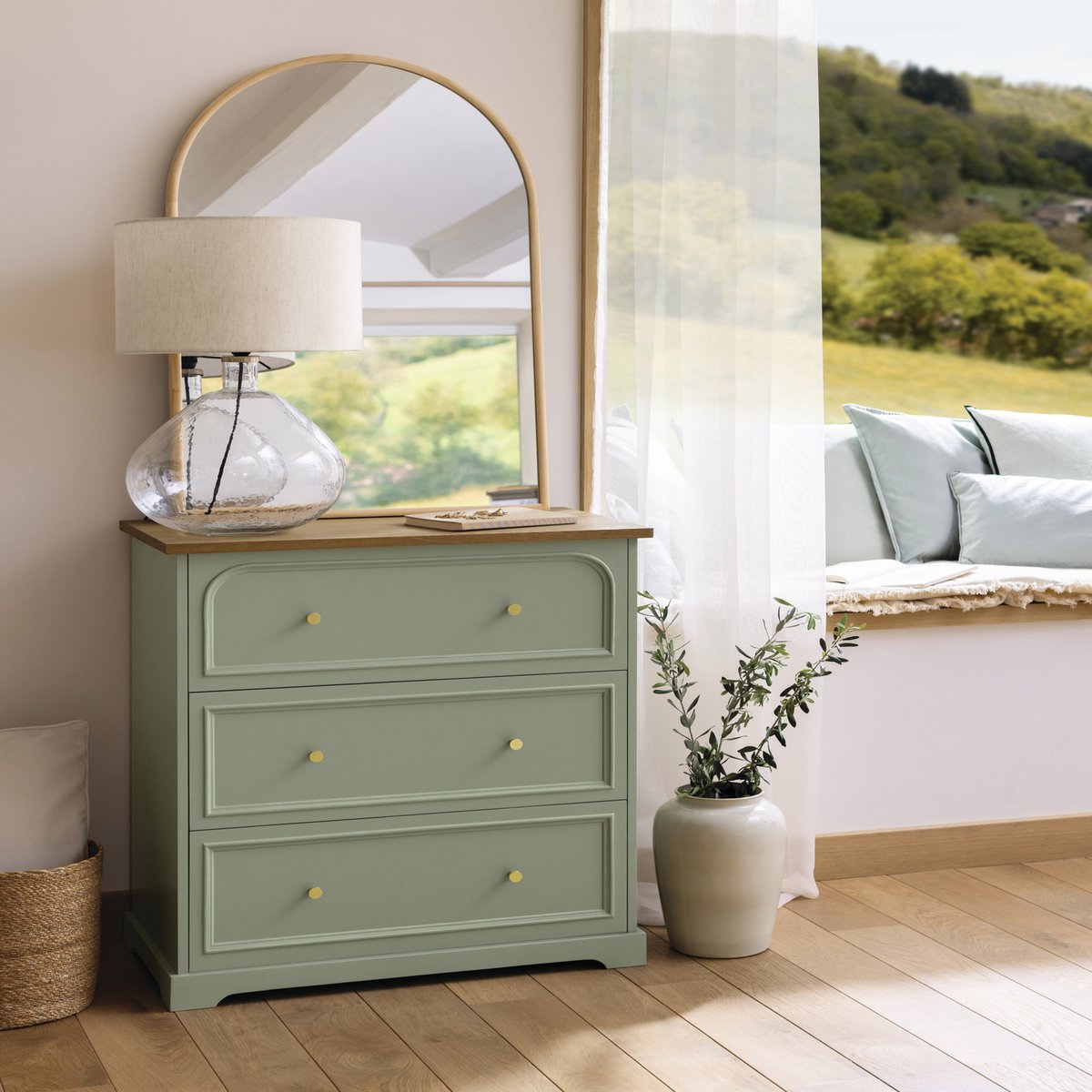 Commode 3 tiroirs plateau placage frêne MOHEA vert céladon, ATMOSPHERA