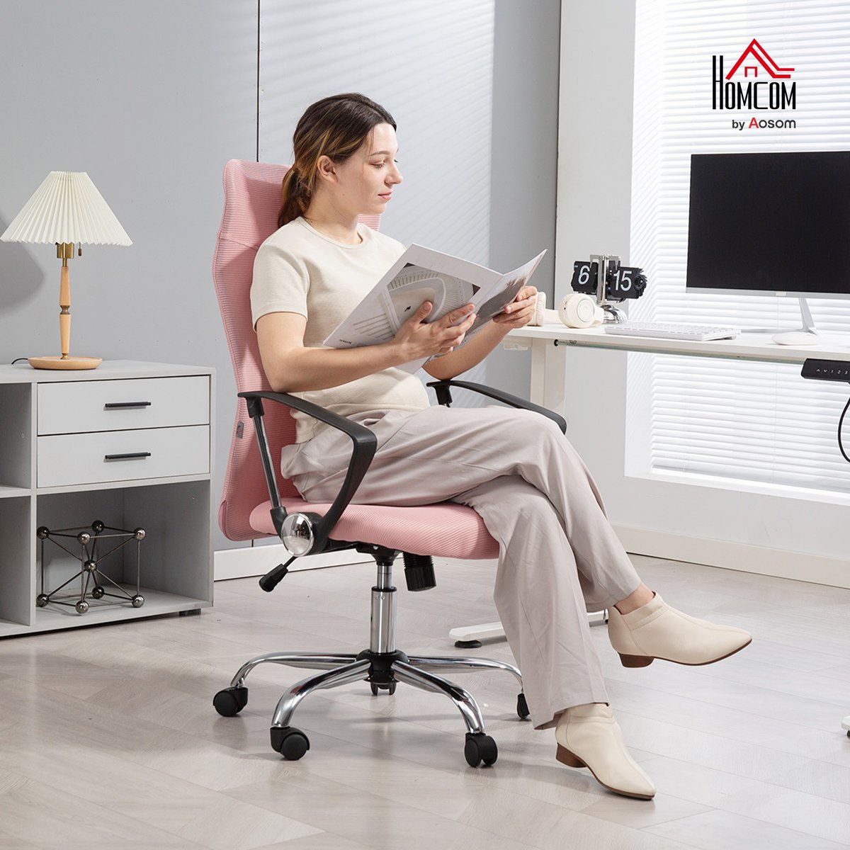 Chaise de bureau Tissu maille Rose rose, HOMCOM