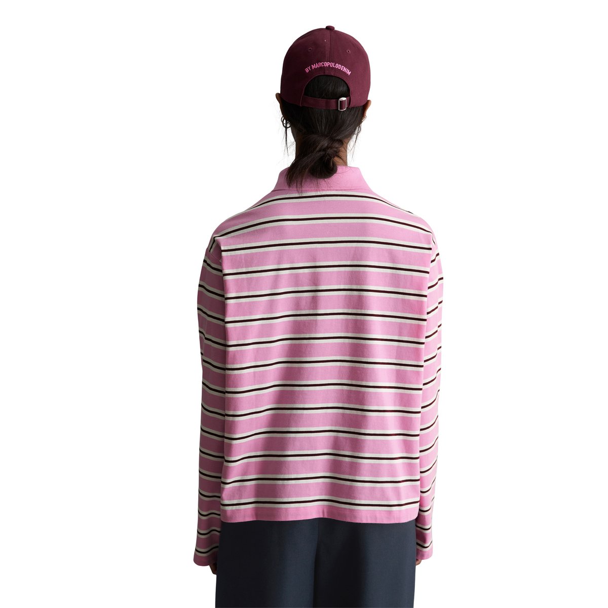 Polo à manches longues relaxed en single jersey rayé rose, MARC O’POLO DENIM