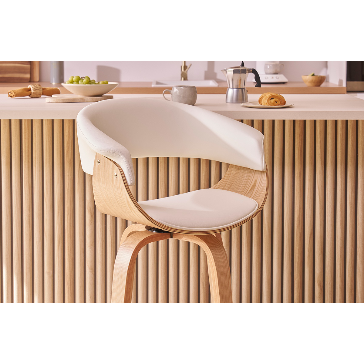 Tabouret de bar design pivotant blanc et bois clair H67 cm OKTAV blanc, MILIBOO