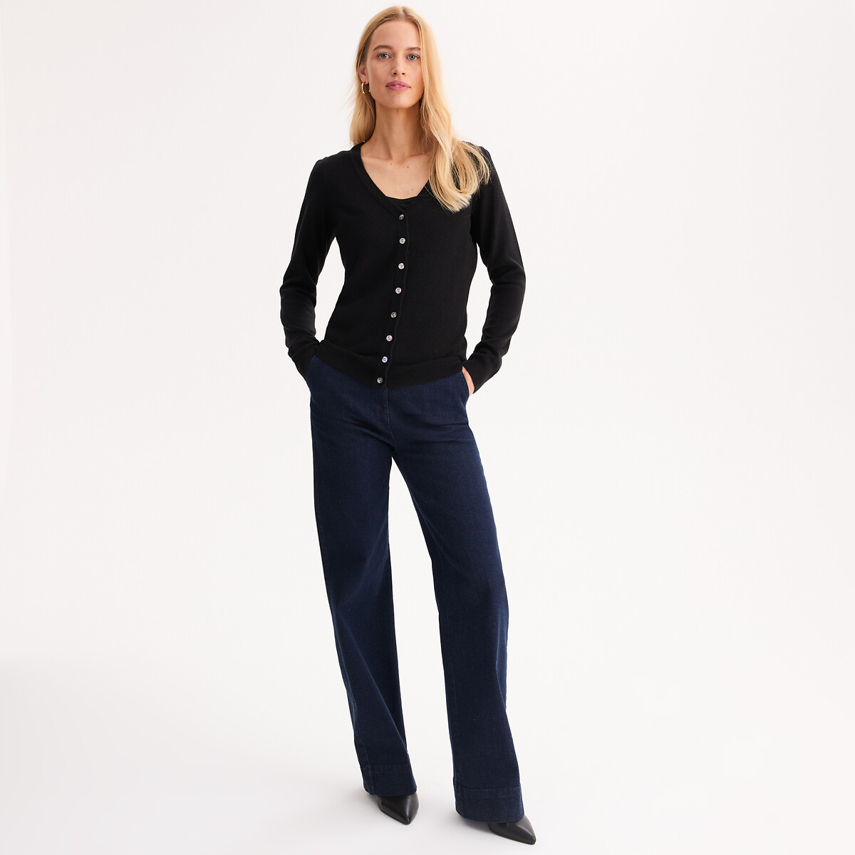 Gilet col V en fine maille, boutonné, très doux noir, ANNE WEYBURN
