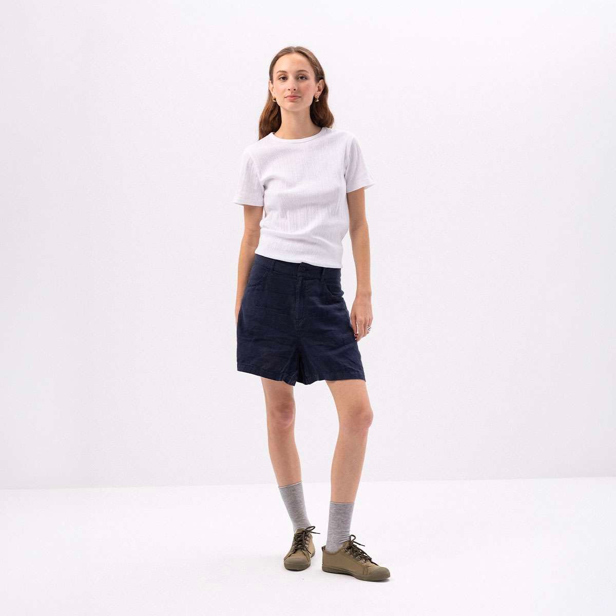Short en lin taille haute PURDEY bleu nuit, BENSIMON