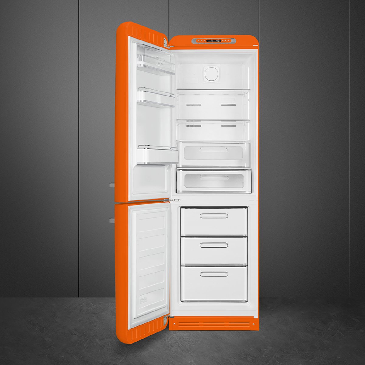 Réfrigérateur 2 portes combiné poignées à droite FAB32 orange brillant, SMEG