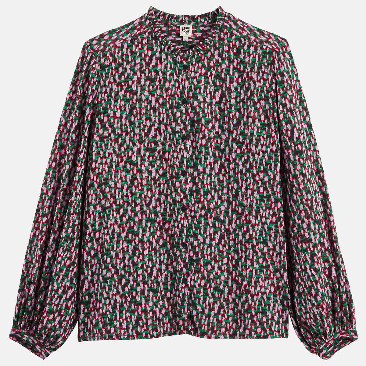 Graphic print viscose ruffled collar blouse print/navy background, LA REDOUTE COLLECTIONS