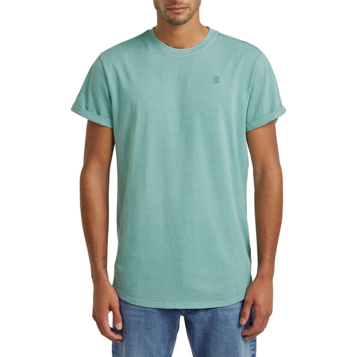 T-shirt en coton biologique vert d'eau uni avec un logo sur le coeur bleu, G-Star RAW