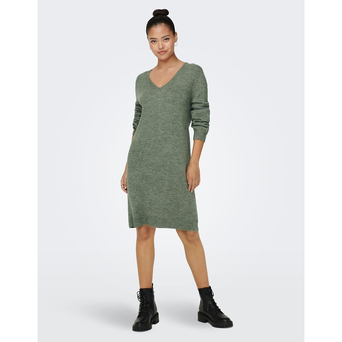 Robe pull col V vert kaki, JDY