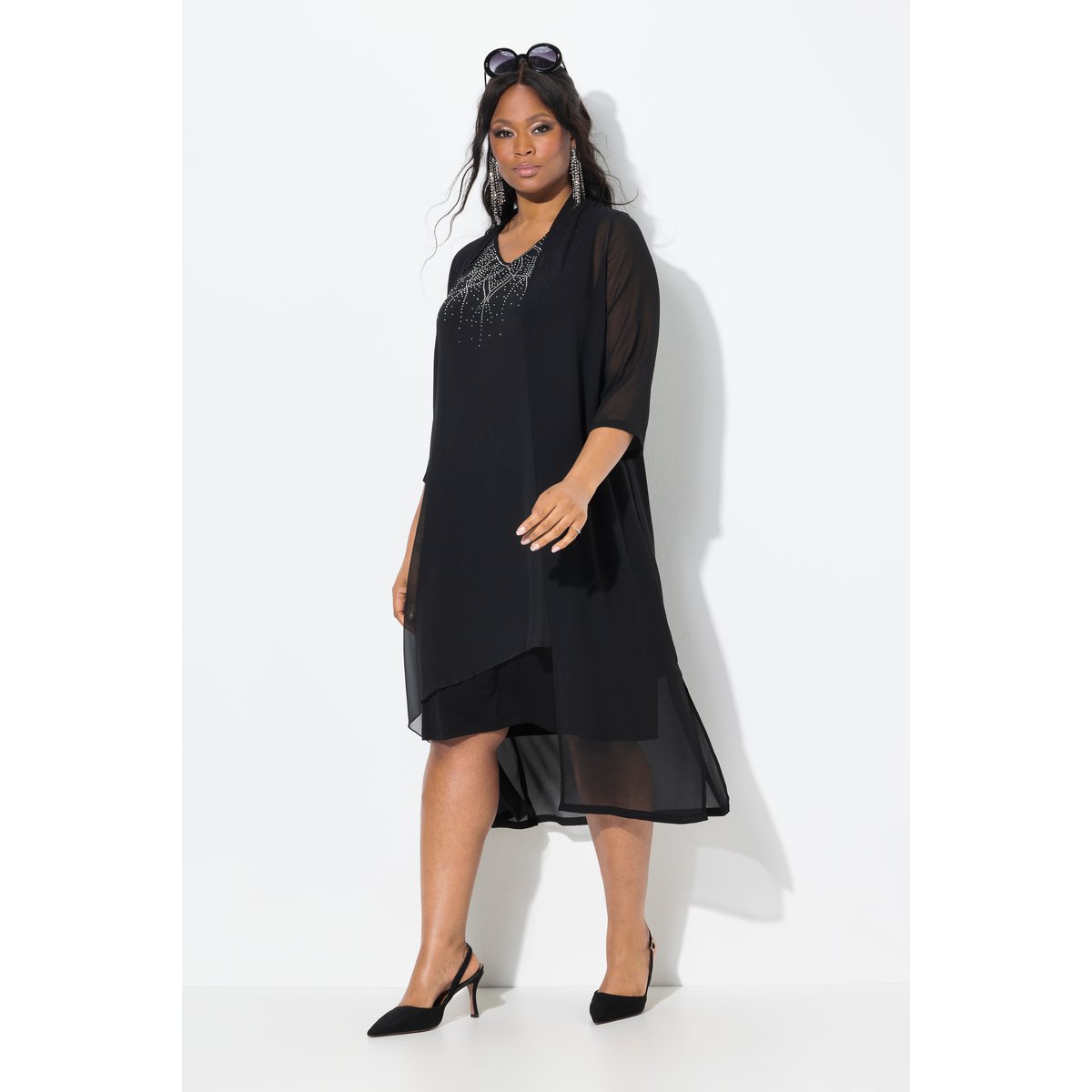 Veste longue en mousseline. Col châle et noir, ULLA POPKEN